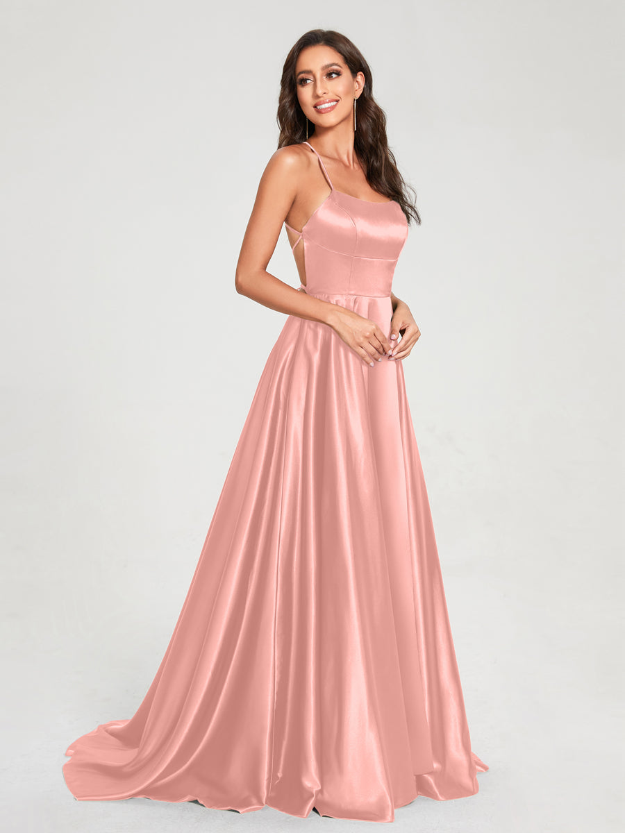 A-Line/Princess Spaghetti Straps Sleeveless Floor-Length Split Side Backless Bridesmaid Dresses Mauve