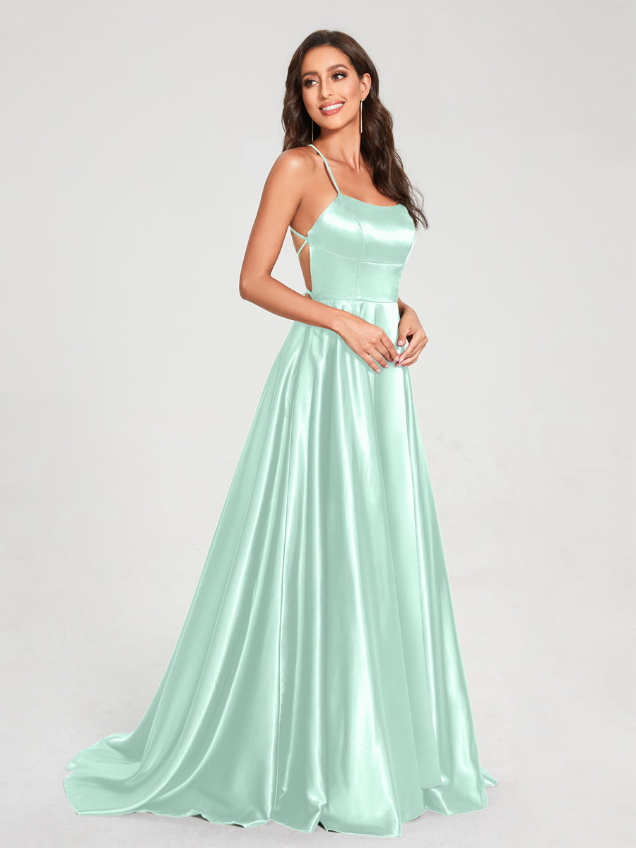 A-Line/Princess Spaghetti Straps Sleeveless Floor-Length Split Side Backless Bridesmaid Dresses Mist Blue