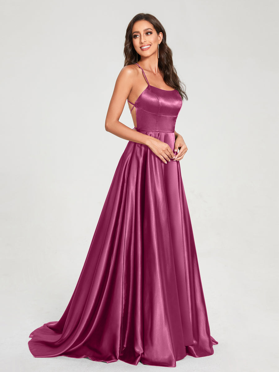 A-Line/Princess Spaghetti Straps Sleeveless Floor-Length Split Side Backless Bridesmaid Dresses Mulberry