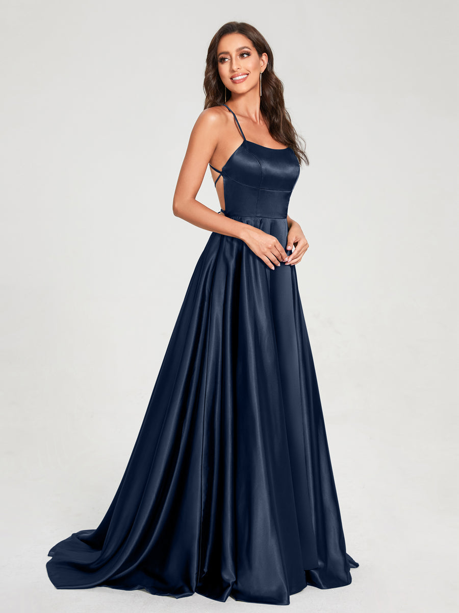 A-Line/Princess Spaghetti Straps Sleeveless Floor-Length Split Side Backless Bridesmaid Dresses Navy Blue