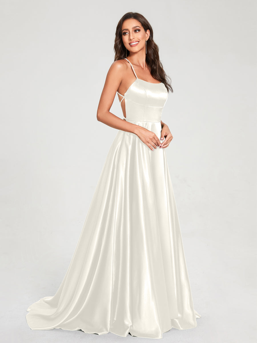A-Line/Princess Spaghetti Straps Sleeveless Floor-Length Split Side Backless Bridesmaid Dresses Off White