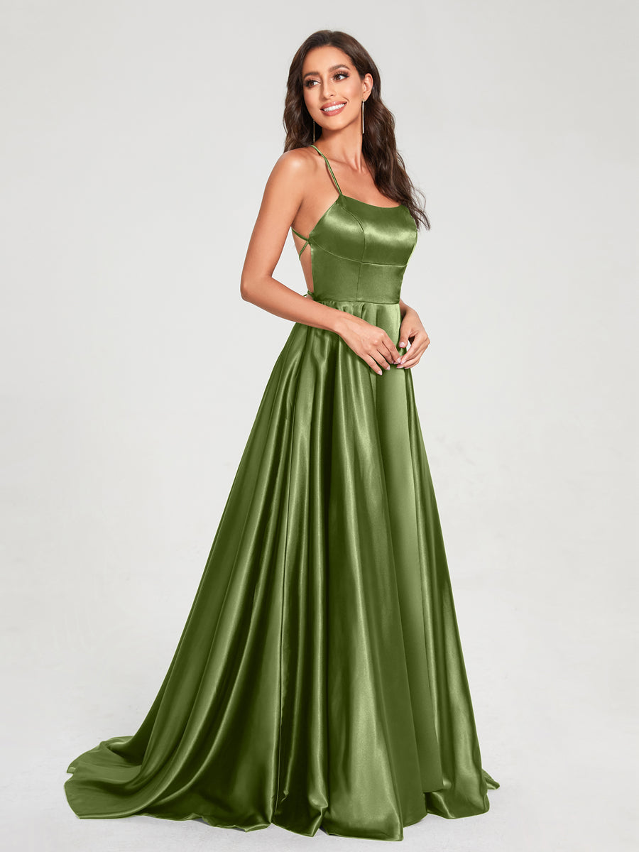 A-Line/Princess Spaghetti Straps Sleeveless Floor-Length Split Side Backless Bridesmaid Dresses Olive Green