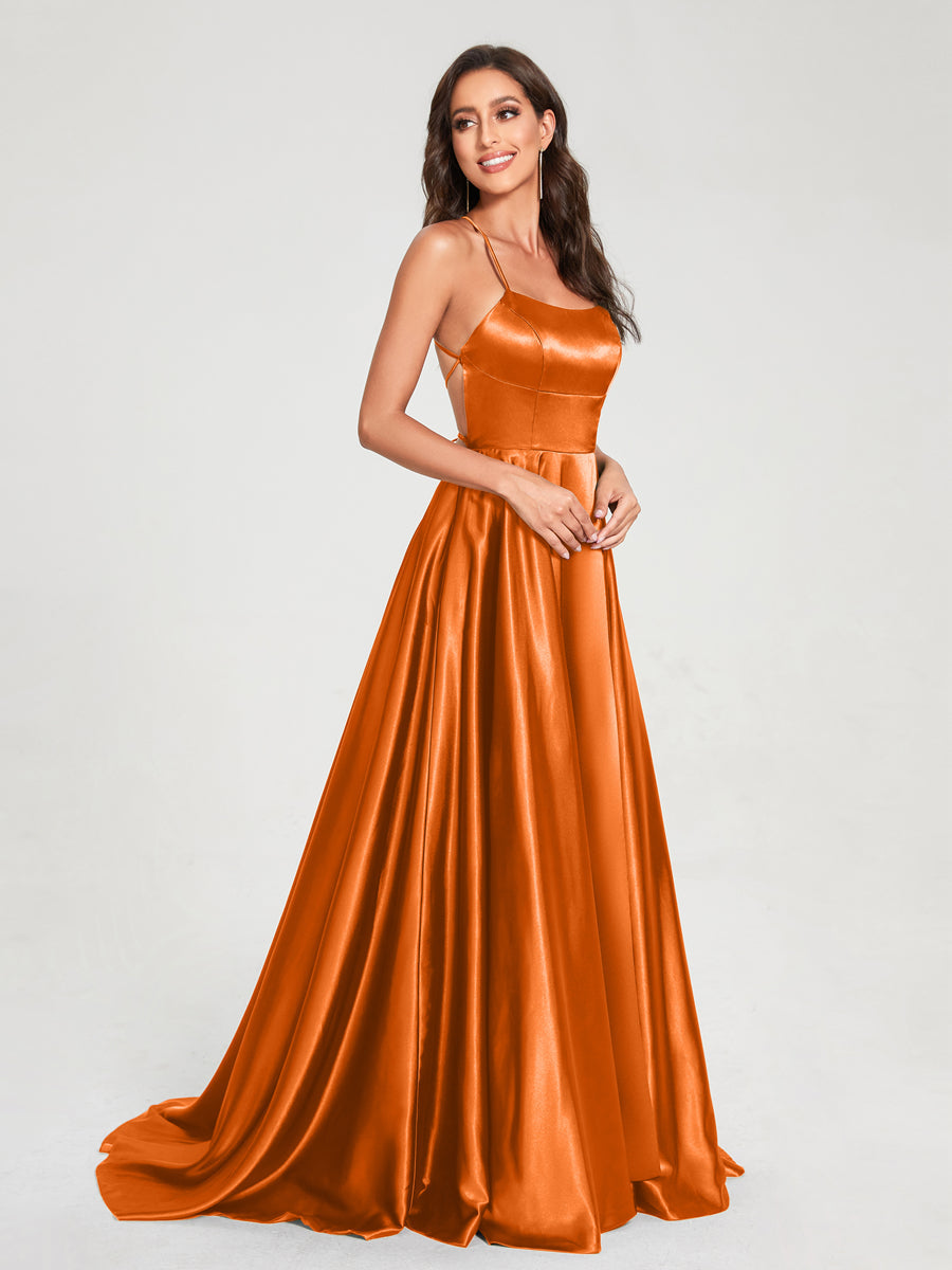 A-Line/Princess Spaghetti Straps Sleeveless Floor-Length Split Side Backless Bridesmaid Dresses Custom Color