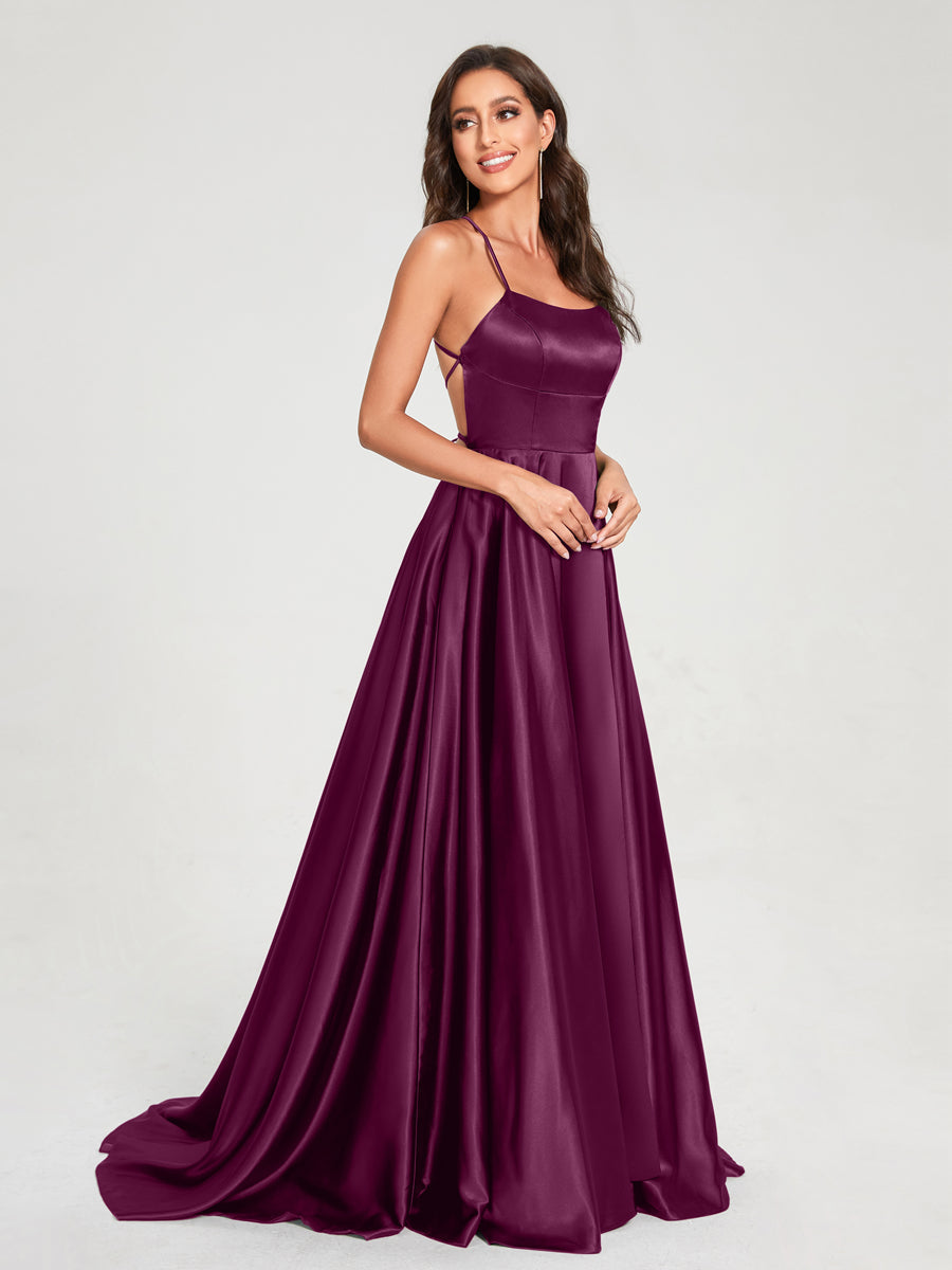 A-Line/Princess Spaghetti Straps Sleeveless Floor-Length Split Side Backless Bridesmaid Dresses Orchid