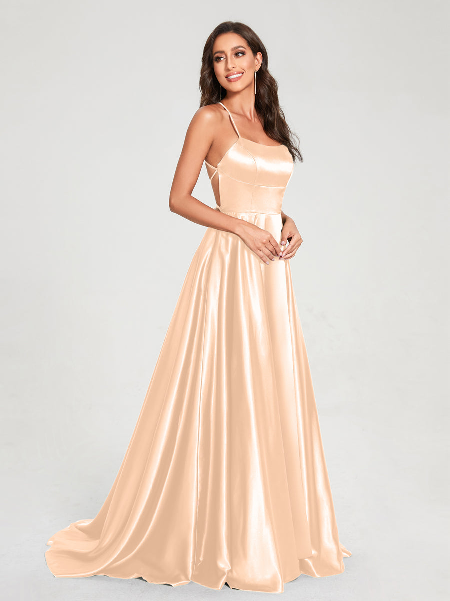 A-Line/Princess Spaghetti Straps Sleeveless Floor-Length Split Side Backless Bridesmaid Dresses Peach Pink