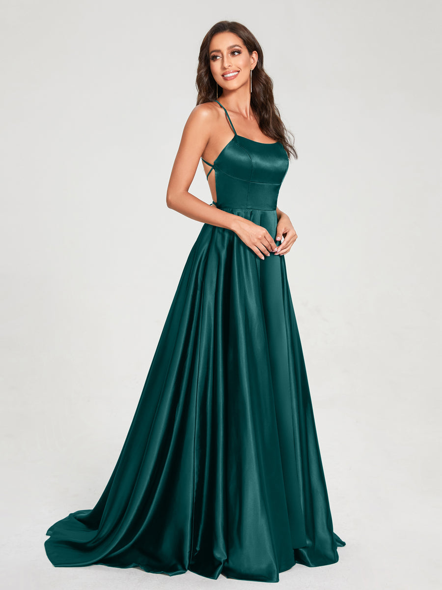 A-Line/Princess Spaghetti Straps Sleeveless Floor-Length Split Side Backless Bridesmaid Dresses Peacock