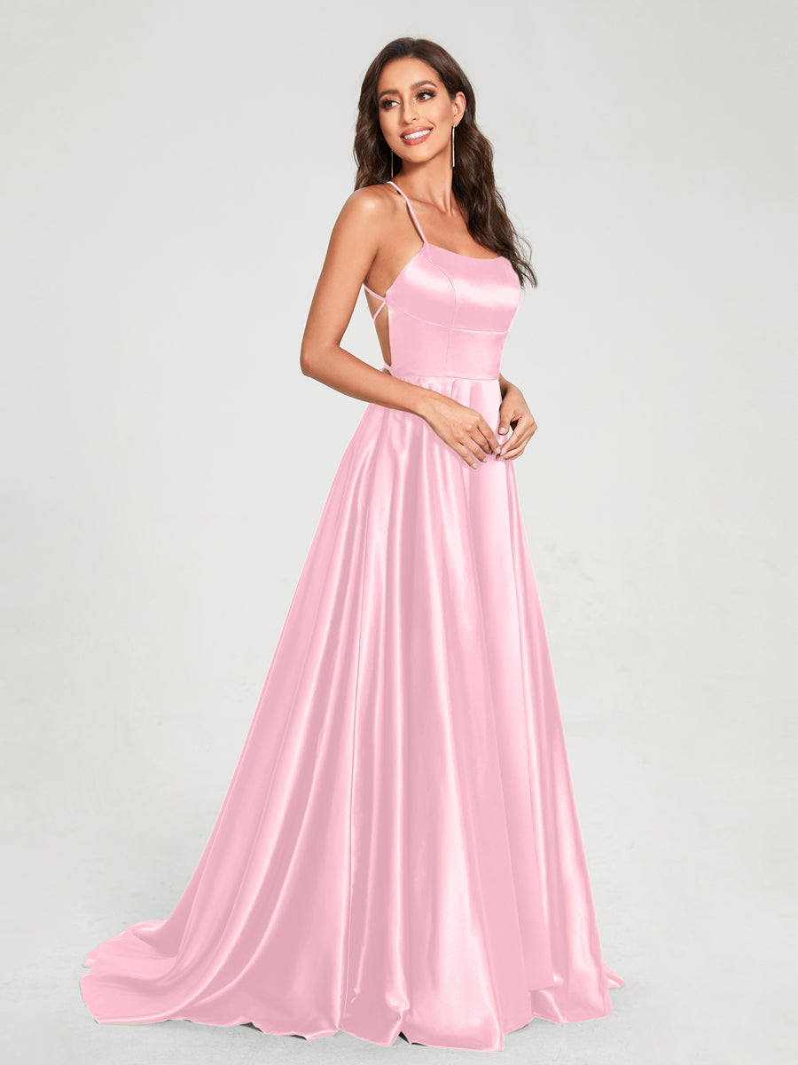 A-Line/Princess Spaghetti Straps Sleeveless Floor-Length Split Side Backless Bridesmaid Dresses Pink