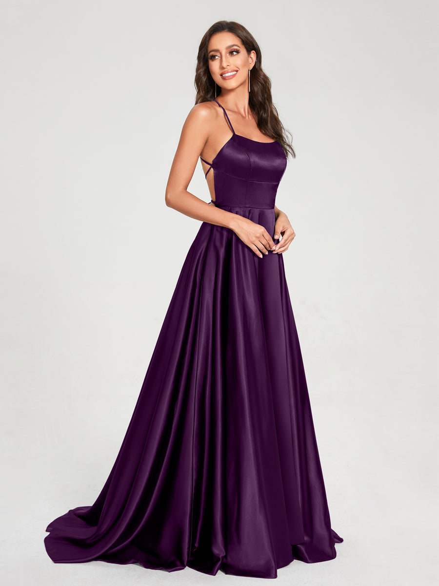 A-Line/Princess Spaghetti Straps Sleeveless Floor-Length Split Side Backless Bridesmaid Dresses Aqua Blue