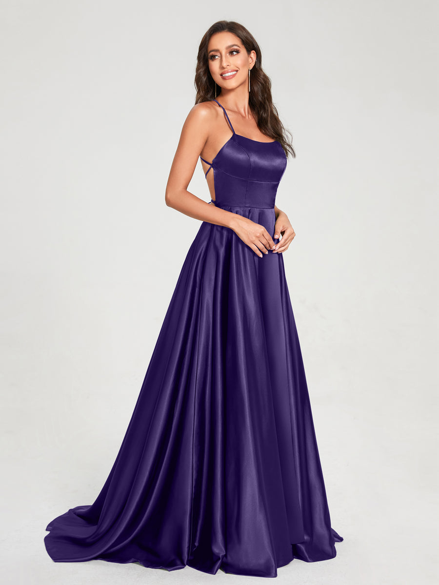 A-Line/Princess Spaghetti Straps Sleeveless Floor-Length Split Side Backless Bridesmaid Dresses Purple