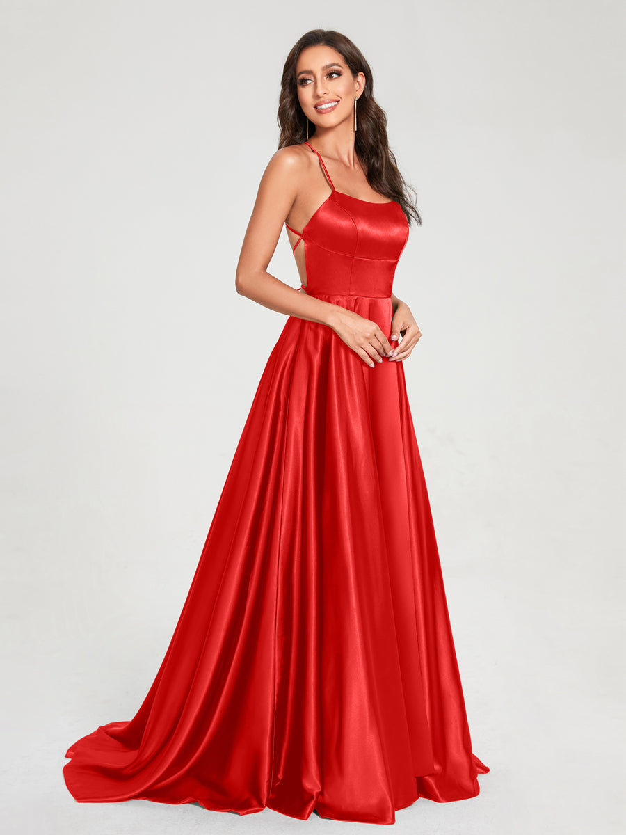 A-Line/Princess Spaghetti Straps Sleeveless Floor-Length Split Side Backless Bridesmaid Dresses Red