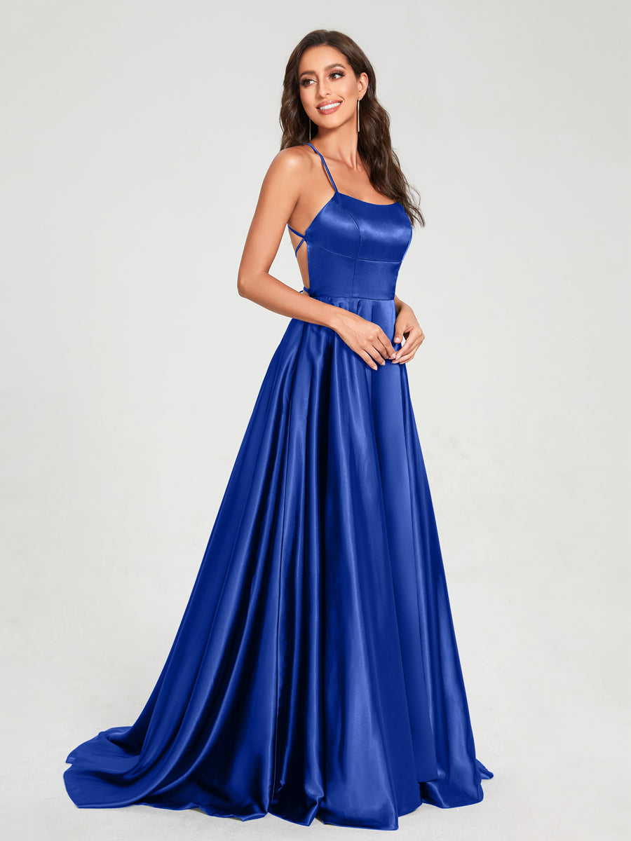A-Line/Princess Spaghetti Straps Sleeveless Floor-Length Split Side Backless Bridesmaid Dresses Royal Blue