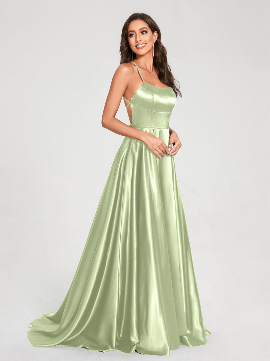 A-Line/Princess Spaghetti Straps Sleeveless Floor-Length Split Side Backless Bridesmaid Dresses Sage