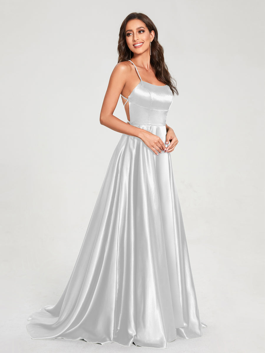 A-Line/Princess Spaghetti Straps Sleeveless Floor-Length Split Side Backless Bridesmaid Dresses Silver