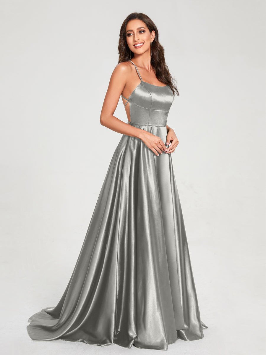 A-Line/Princess Spaghetti Straps Sleeveless Floor-Length Split Side Backless Bridesmaid Dresses Silver Gray