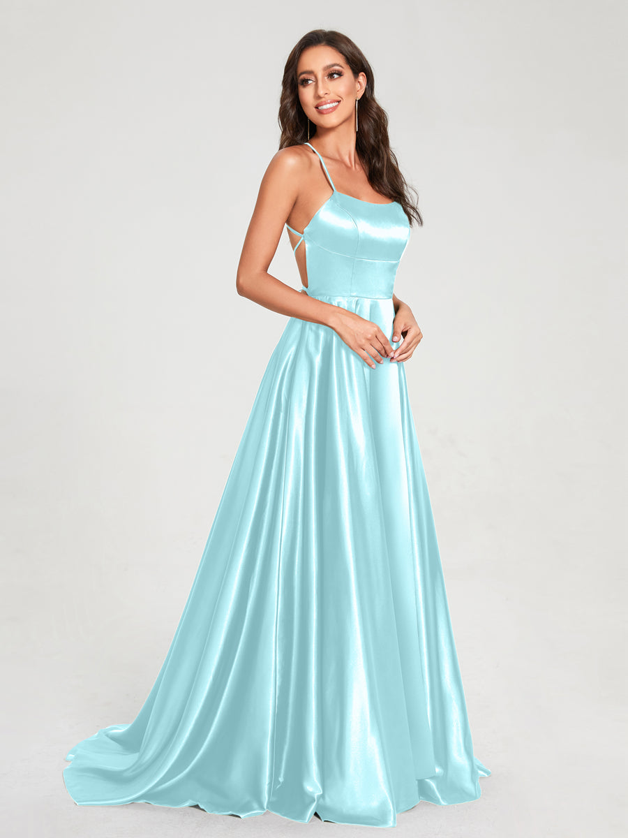 A-Line/Princess Spaghetti Straps Sleeveless Floor-Length Split Side Backless Bridesmaid Dresses Sky Blue