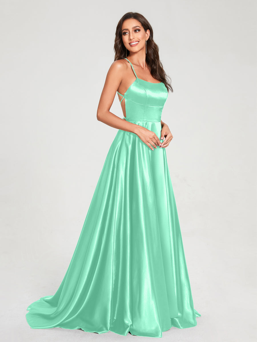 A-Line/Princess Spaghetti Straps Sleeveless Floor-Length Split Side Backless Bridesmaid Dresses Spa