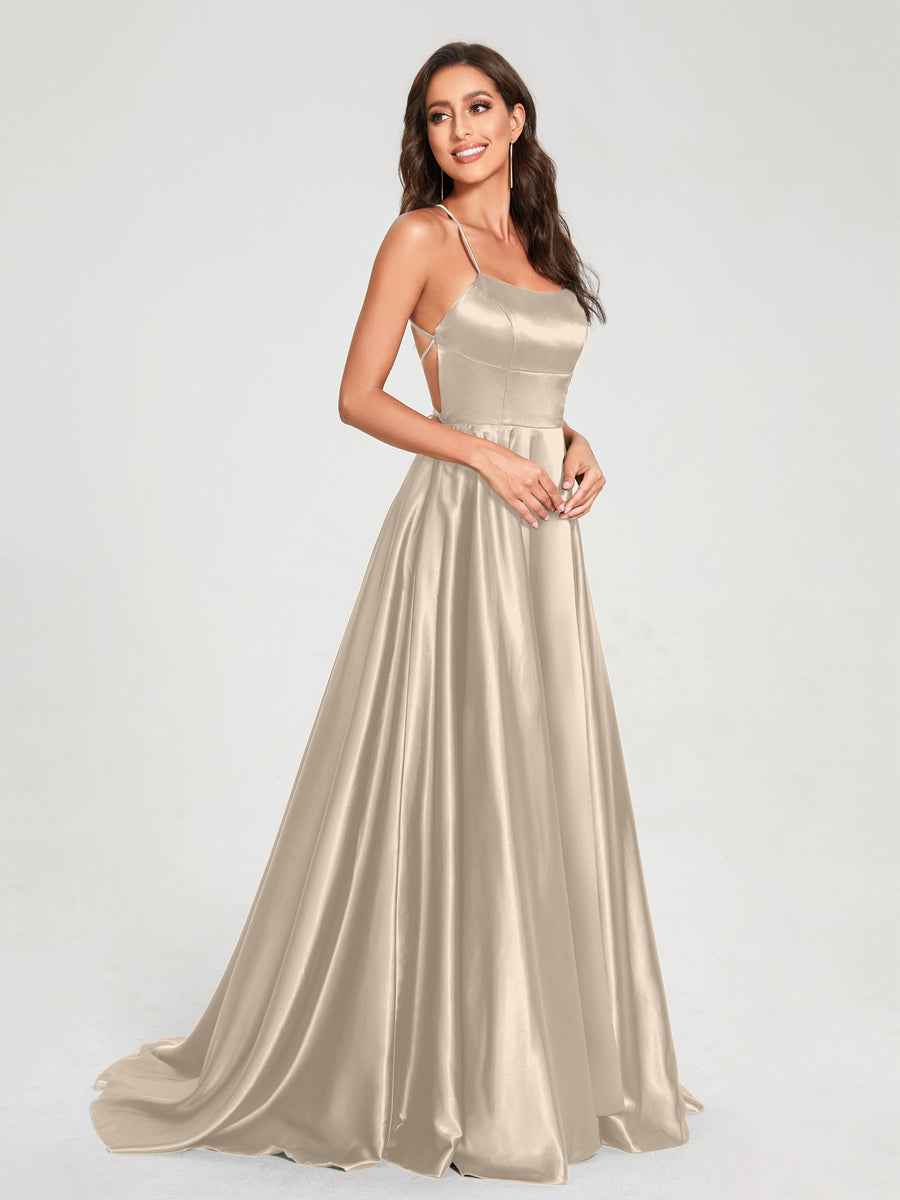 A-Line/Princess Spaghetti Straps Sleeveless Floor-Length Split Side Backless Bridesmaid Dresses Taupe