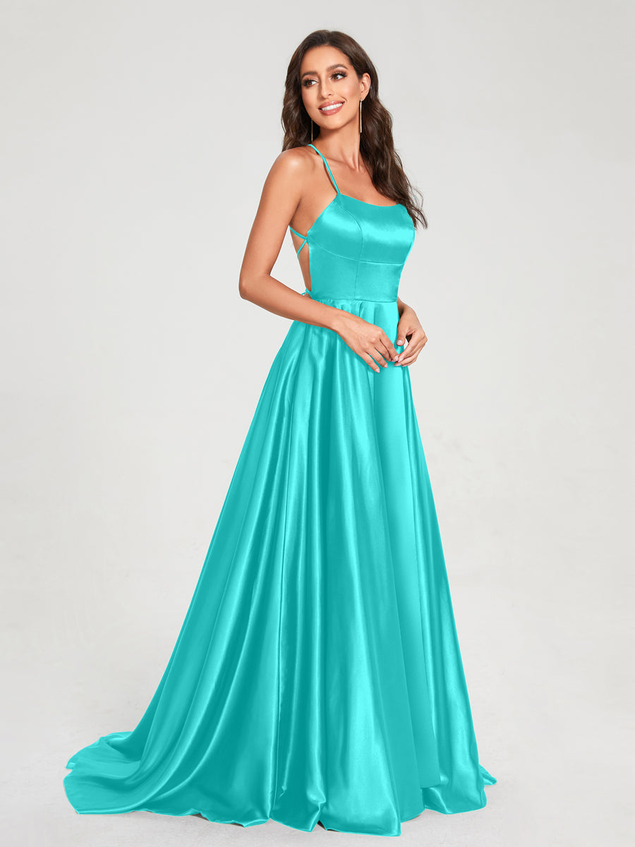 A-Line/Princess Spaghetti Straps Sleeveless Floor-Length Split Side Backless Bridesmaid Dresses Turquoise