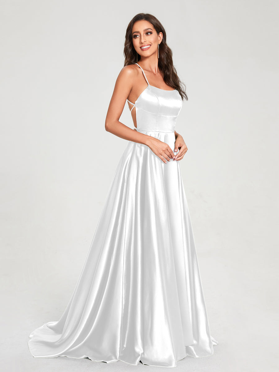 A-Line/Princess Spaghetti Straps Sleeveless Floor-Length Split Side Backless Bridesmaid Dresses White
