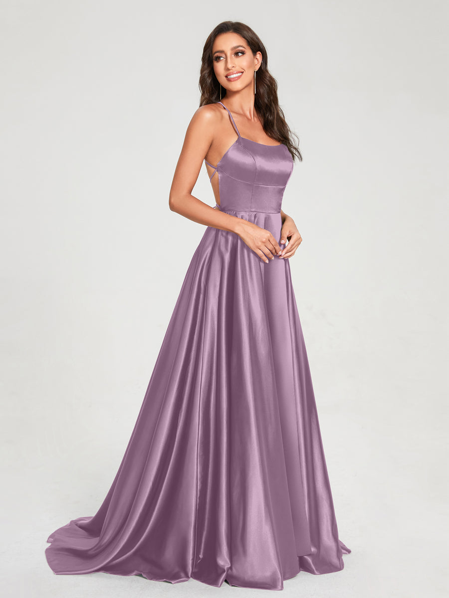 A-Line/Princess Spaghetti Straps Sleeveless Floor-Length Split Side Backless Bridesmaid Dresses Wisteria