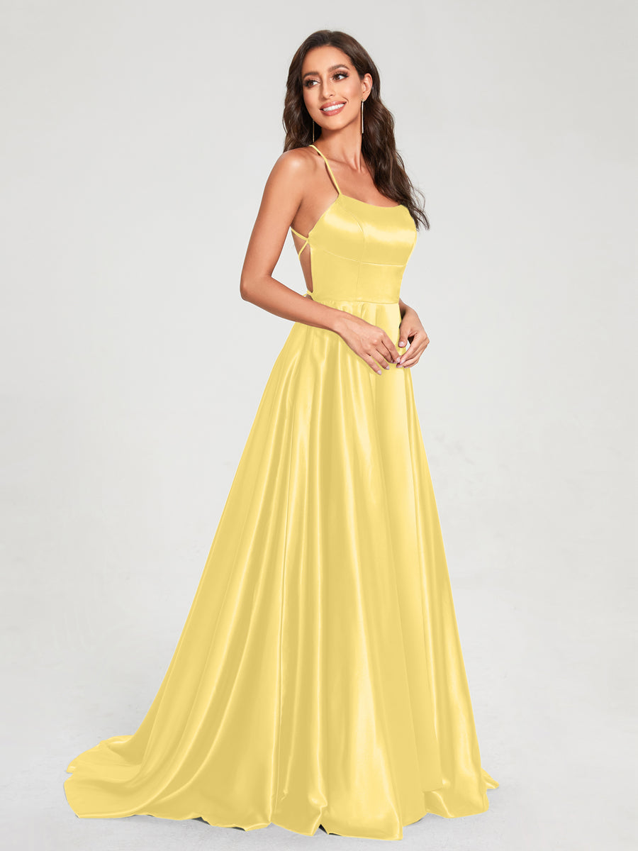 A-Line/Princess Spaghetti Straps Sleeveless Floor-Length Split Side Backless Bridesmaid Dresses Yellow