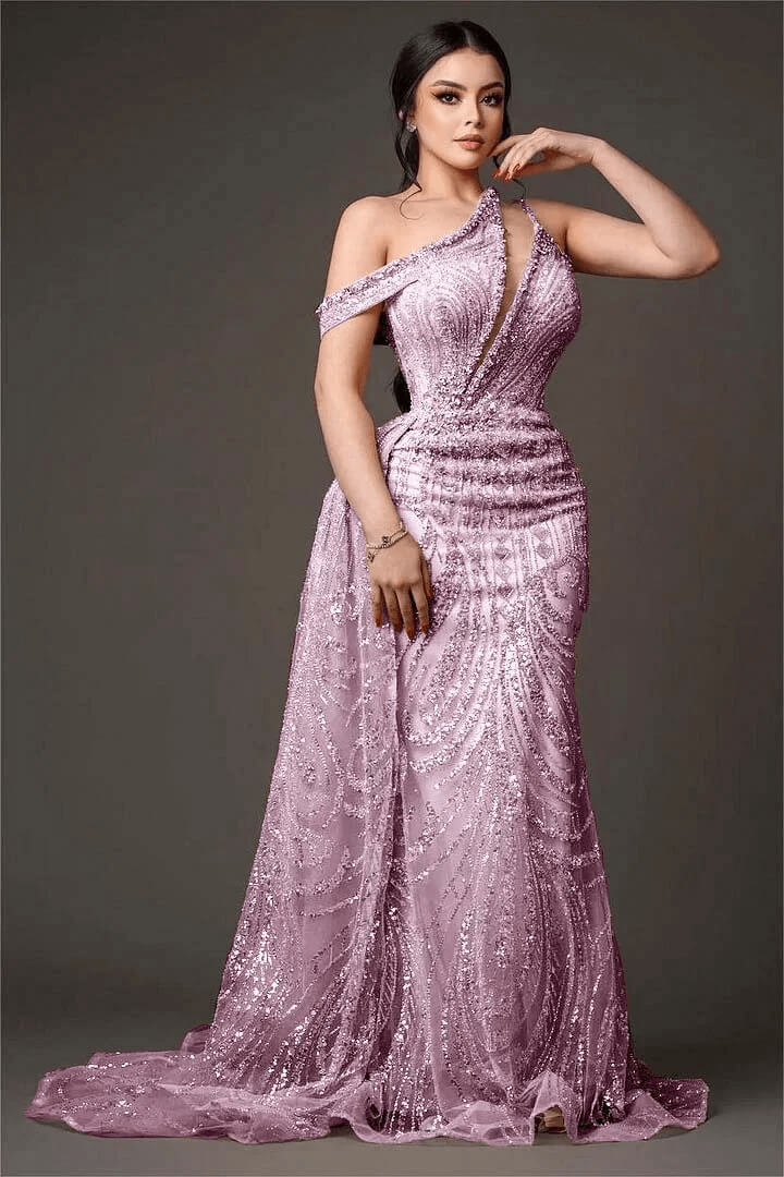 Champagne Mermaid Prom Dress Cap Sleeve Asymmetric Neck Formal Dress With Beadings and Rhinestones
