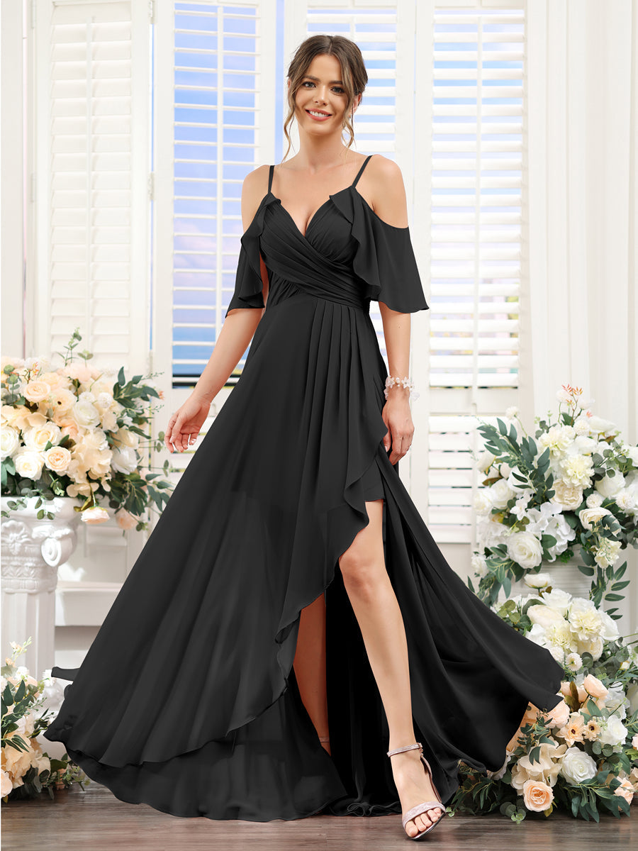 A-Line V-Neck Spaghetti Straps Short Sleeves Asymmetrical Chiffon Bridesmaid Dresses Black
