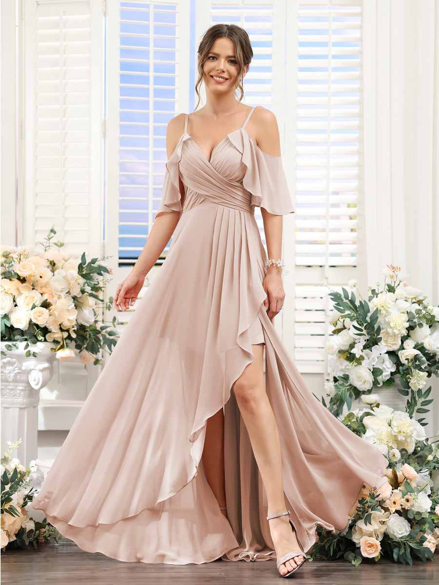 A-Line V-Neck Spaghetti Straps Short Sleeves Asymmetrical Chiffon Bridesmaid Dresses Blush Pink