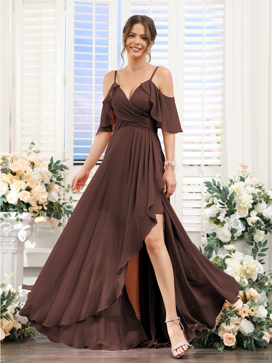 A-Line V-Neck Spaghetti Straps Short Sleeves Asymmetrical Chiffon Bridesmaid Dresses Brown