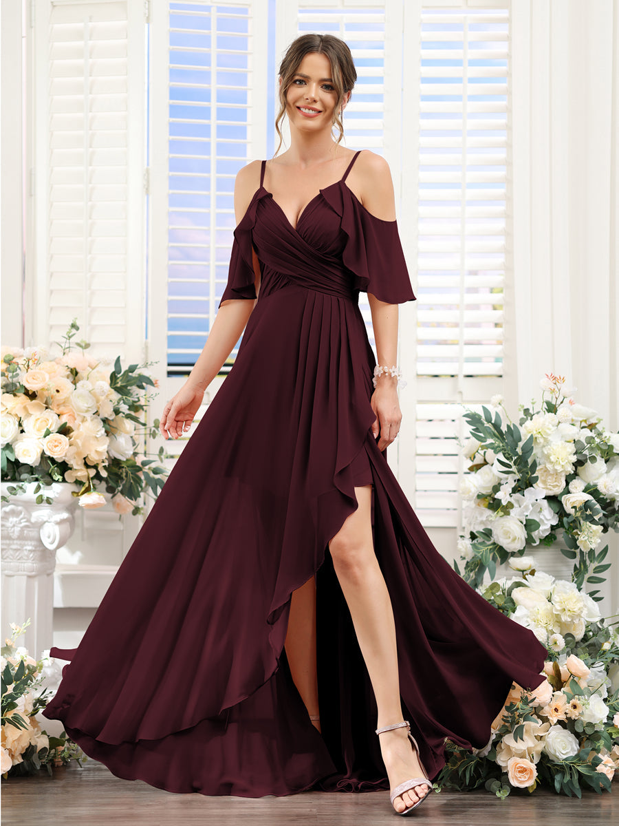 A-Line V-Neck Spaghetti Straps Short Sleeves Asymmetrical Chiffon Bridesmaid Dresses Burgundy