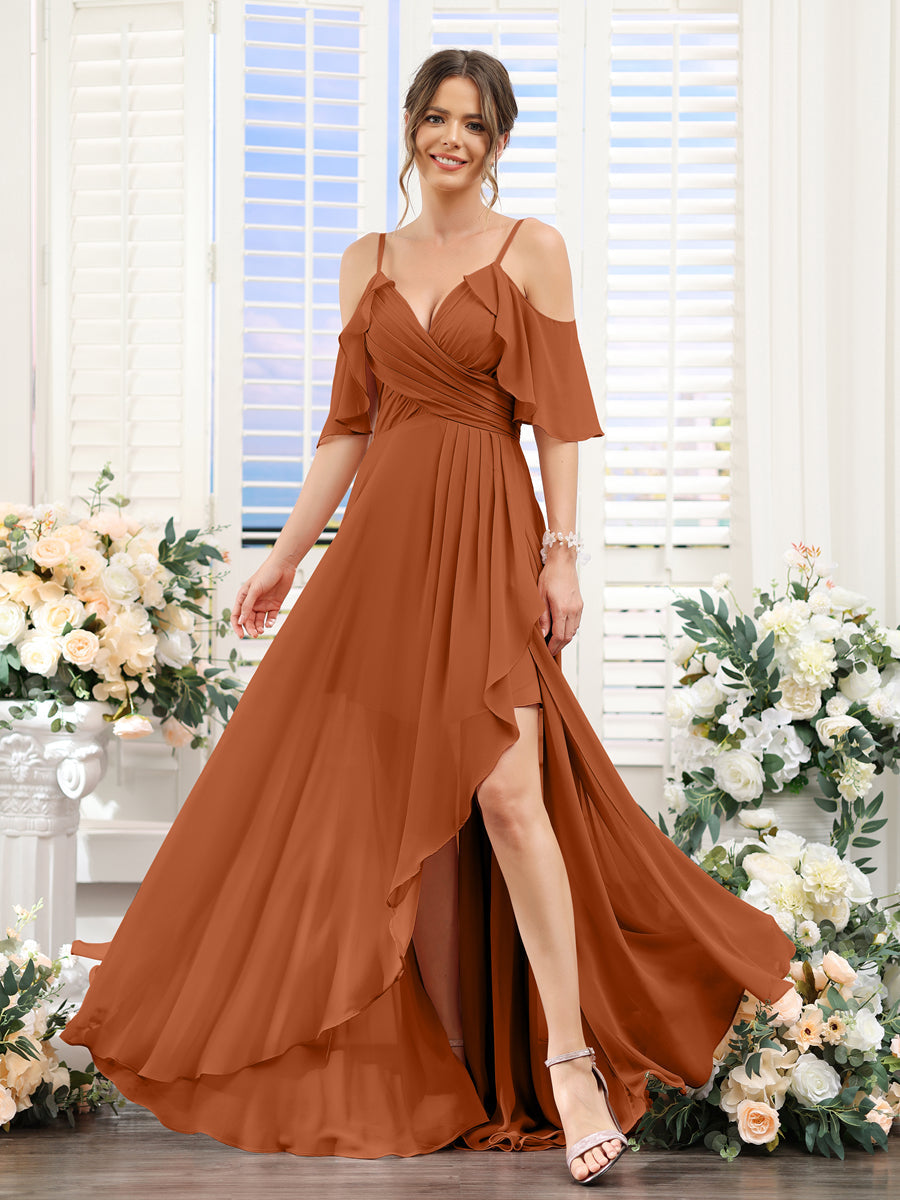 A-Line V-Neck Spaghetti Straps Short Sleeves Asymmetrical Chiffon Bridesmaid Dresses Burnt Orange