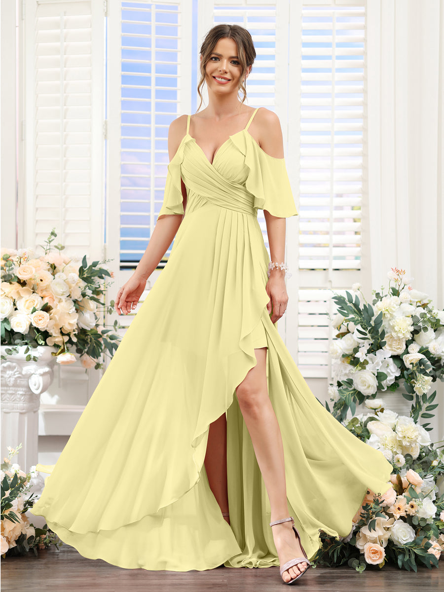 A-Line V-Neck Spaghetti Straps Short Sleeves Asymmetrical Chiffon Bridesmaid Dresses Canary