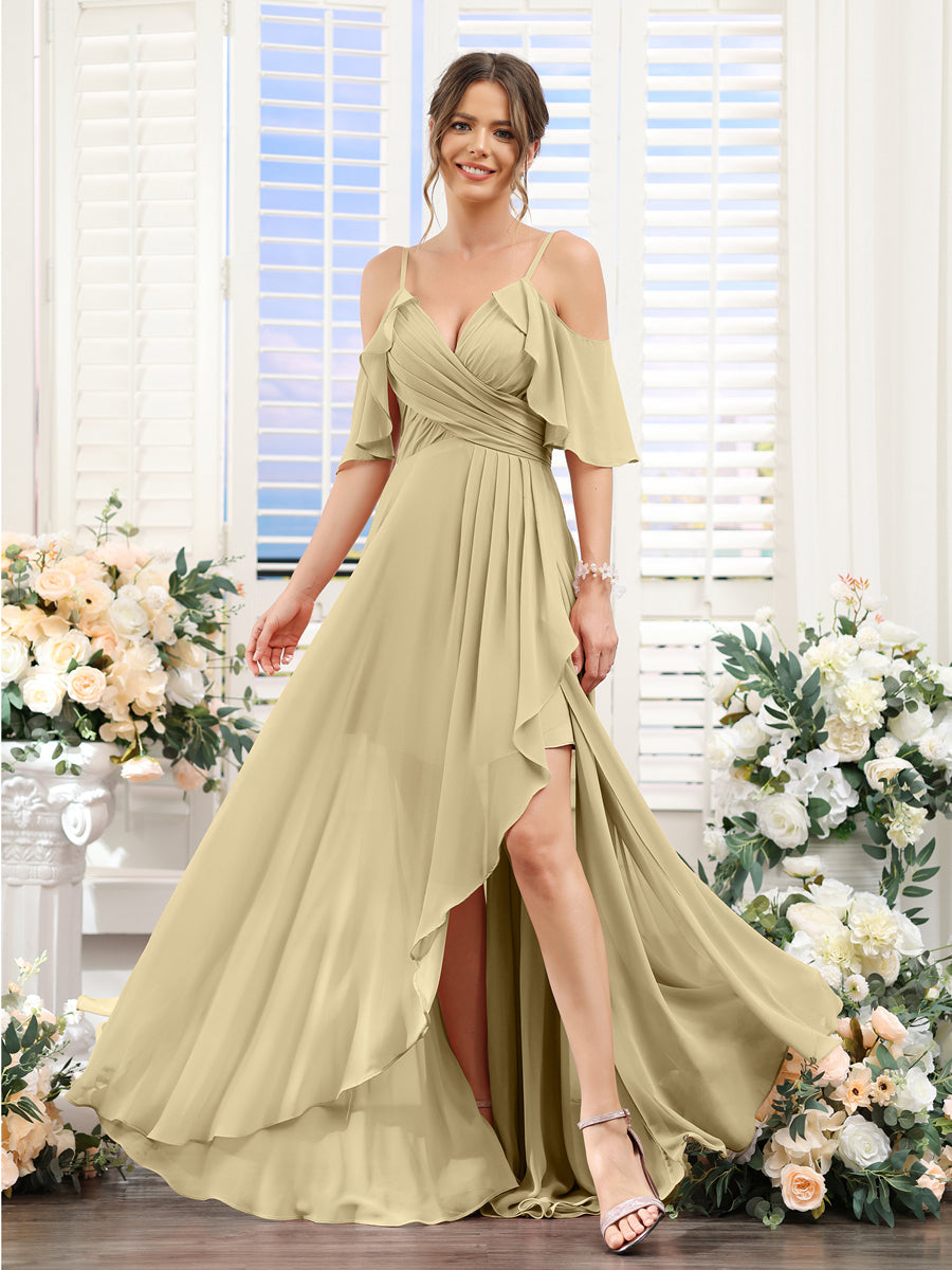 A-Line V-Neck Spaghetti Straps Short Sleeves Asymmetrical Chiffon Bridesmaid Dresses Champagne