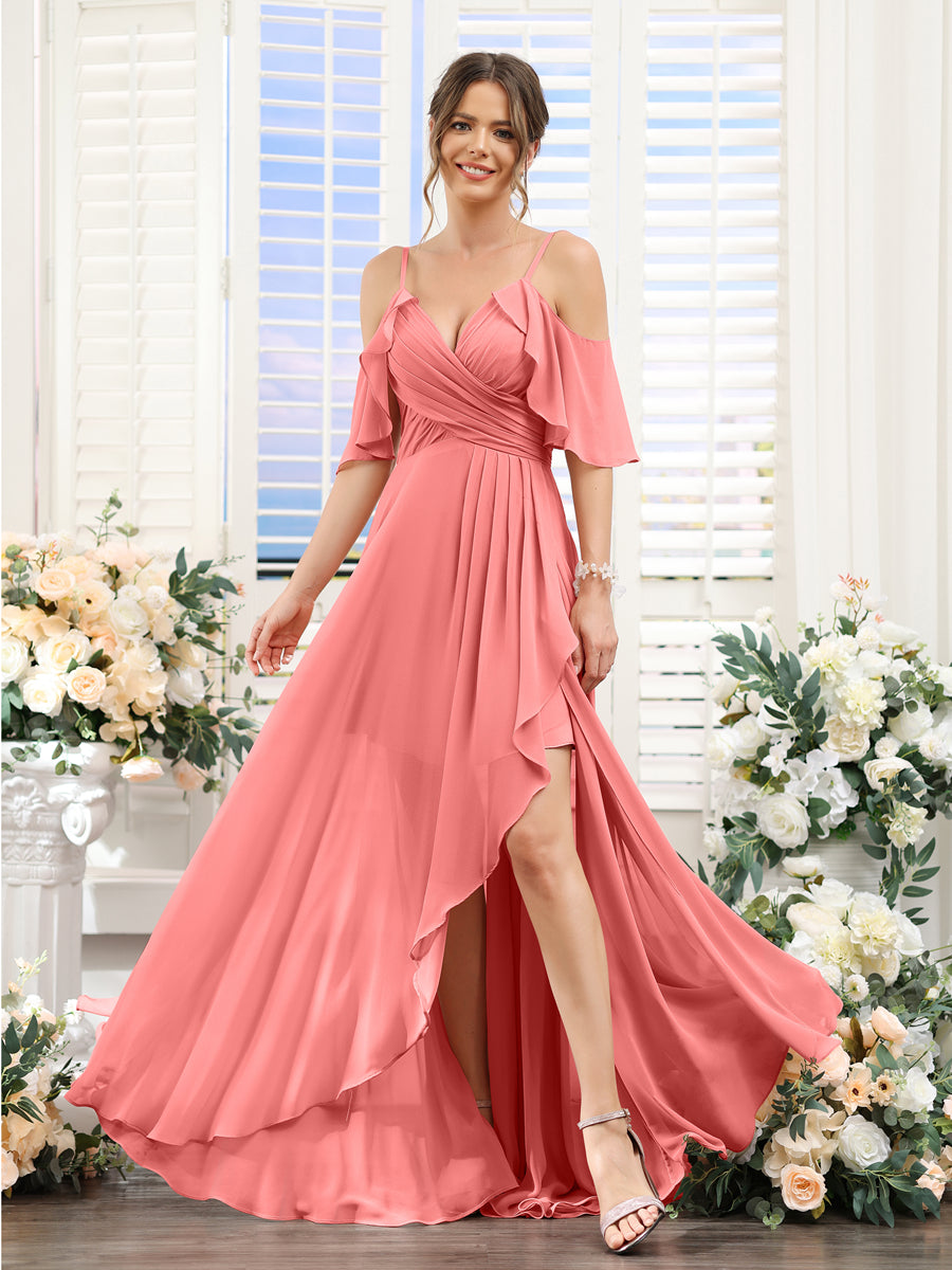 A-Line V-Neck Spaghetti Straps Short Sleeves Asymmetrical Chiffon Bridesmaid Dresses Coral