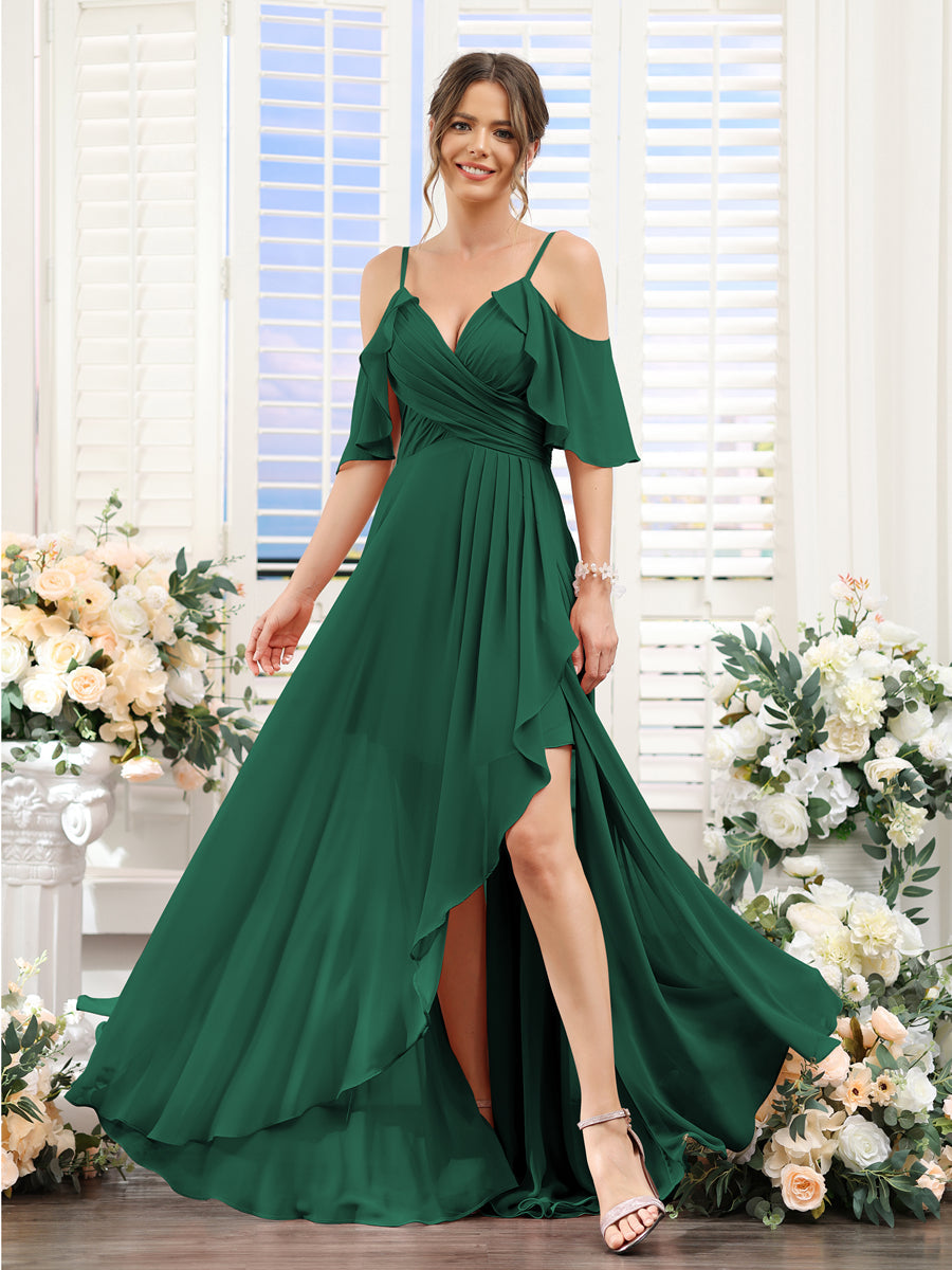A-Line V-Neck Spaghetti Straps Short Sleeves Asymmetrical Chiffon Bridesmaid Dresses Dark Green