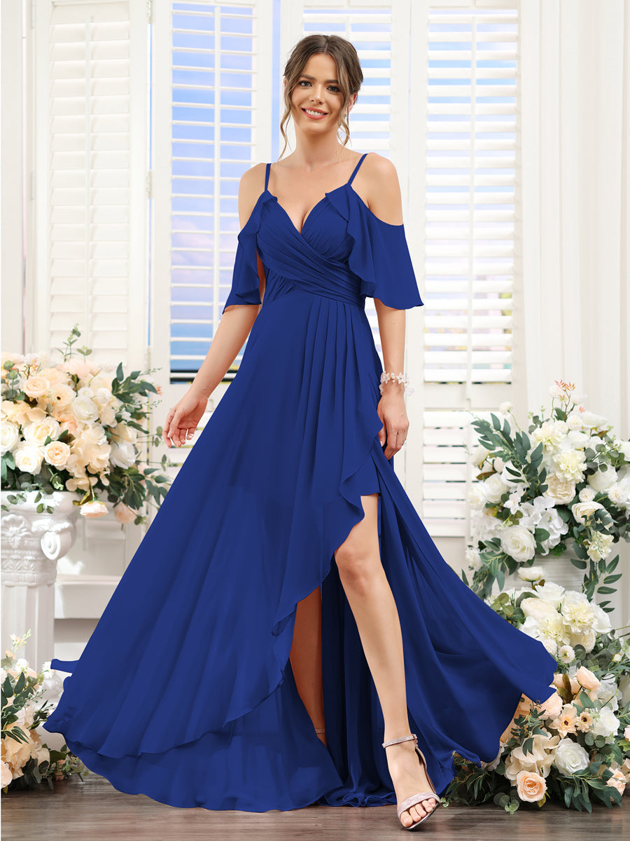 A-Line V-Neck Spaghetti Straps Short Sleeves Asymmetrical Chiffon Bridesmaid Dresses Dark Royal Blue