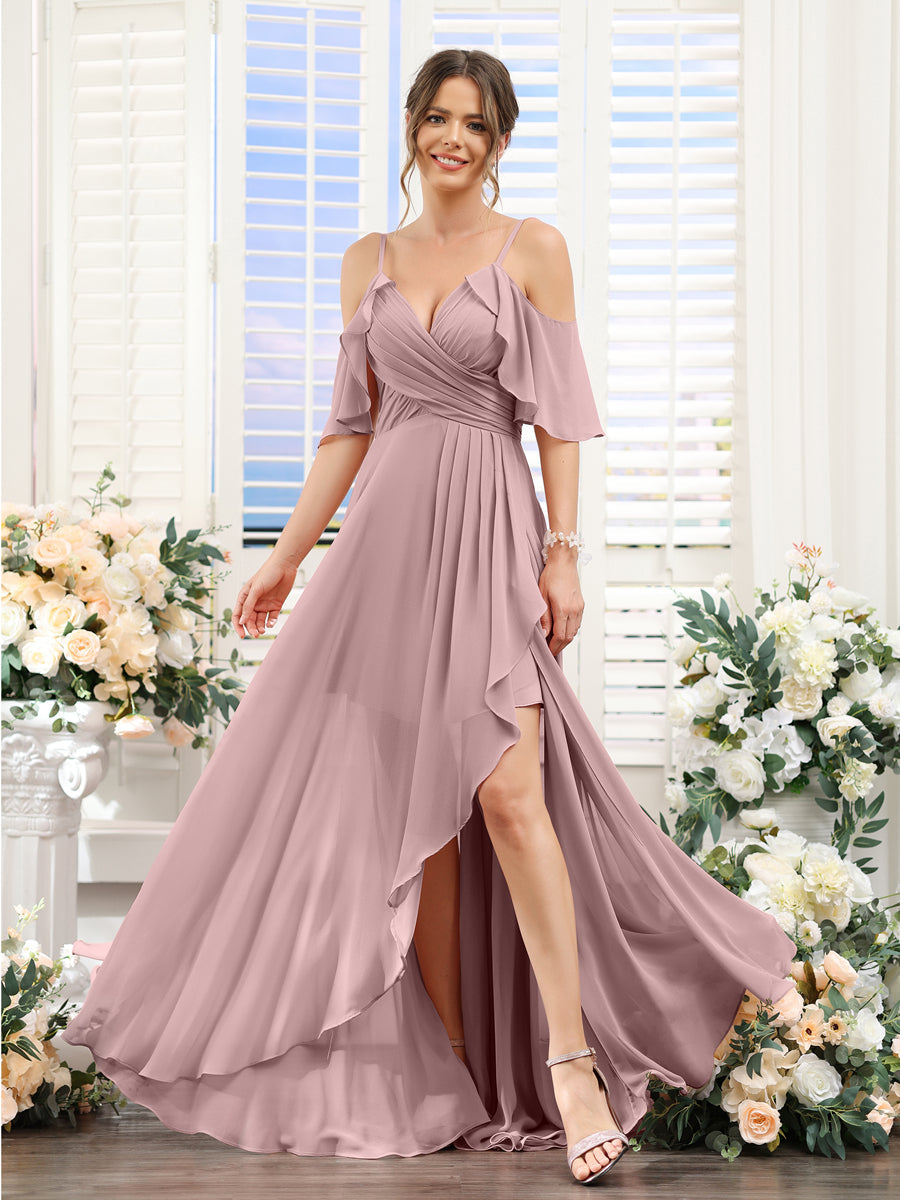 A-Line V-Neck Spaghetti Straps Short Sleeves Asymmetrical Chiffon Bridesmaid Dresses Dusty Pink