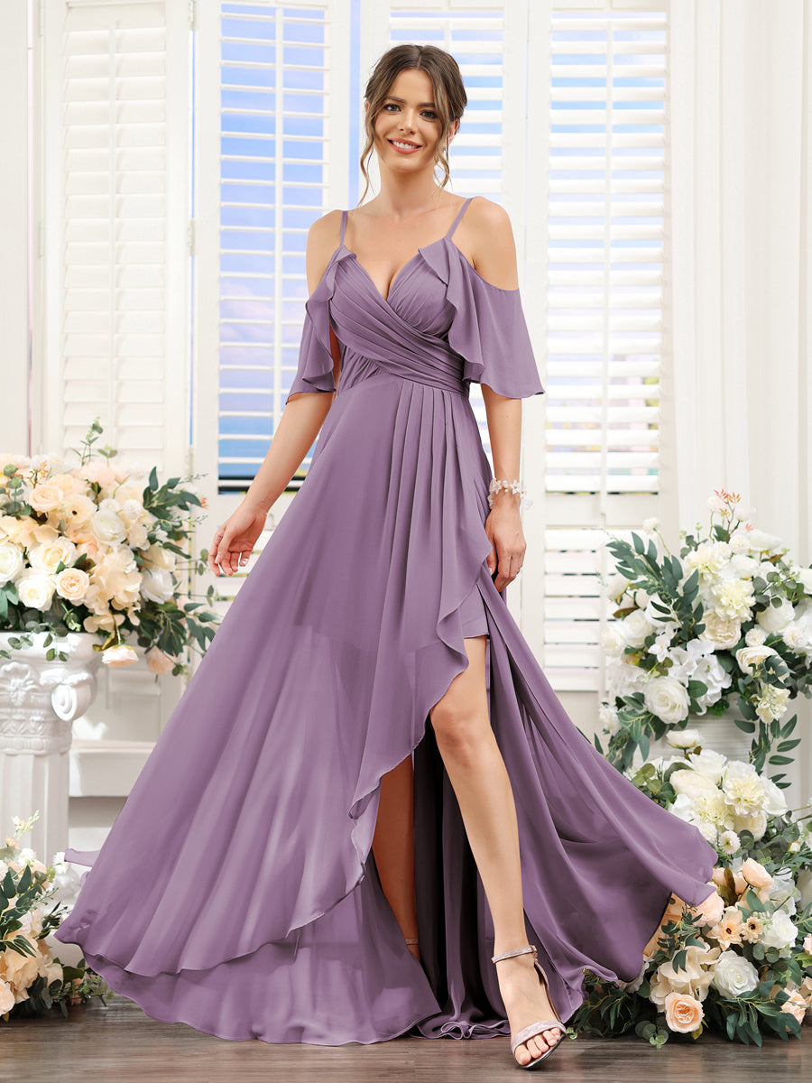 A-Line V-Neck Spaghetti Straps Short Sleeves Asymmetrical Chiffon Bridesmaid Dresses Dusty Purple
