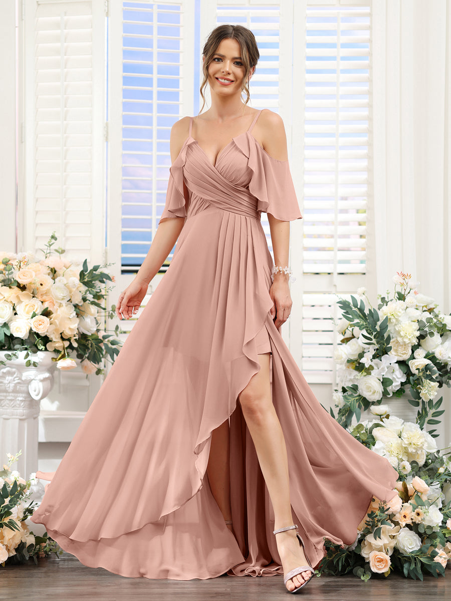 A-Line V-Neck Spaghetti Straps Short Sleeves Asymmetrical Chiffon Bridesmaid Dresses Dusty Rose