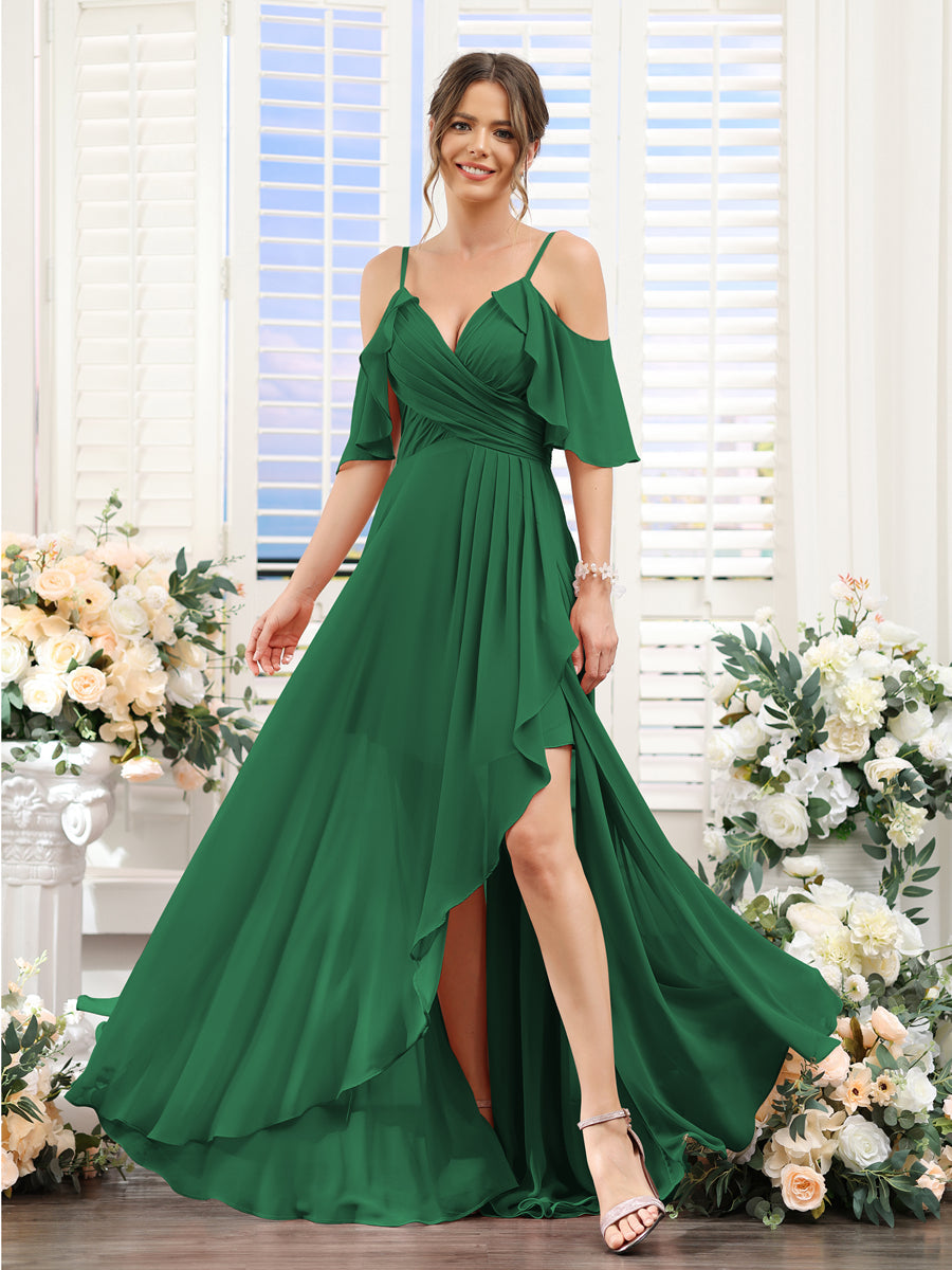 A-Line V-Neck Spaghetti Straps Short Sleeves Asymmetrical Chiffon Bridesmaid Dresses Emerald