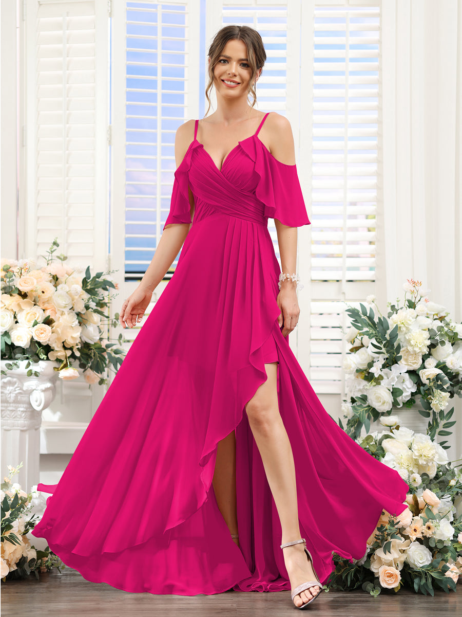 A-Line V-Neck Spaghetti Straps Short Sleeves Asymmetrical Chiffon Bridesmaid Dresses Fuchsia Pink