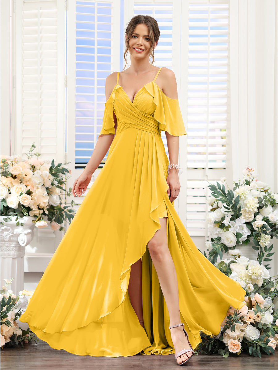 A-Line V-Neck Spaghetti Straps Short Sleeves Asymmetrical Chiffon Bridesmaid Dresses Gold