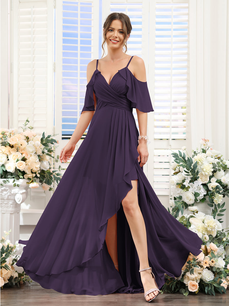 A-Line V-Neck Spaghetti Straps Short Sleeves Asymmetrical Chiffon Bridesmaid Dresses Grape