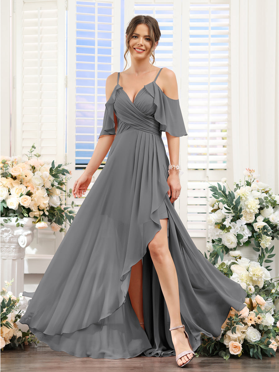 A-Line V-Neck Spaghetti Straps Short Sleeves Asymmetrical Chiffon Bridesmaid Dresses Gray