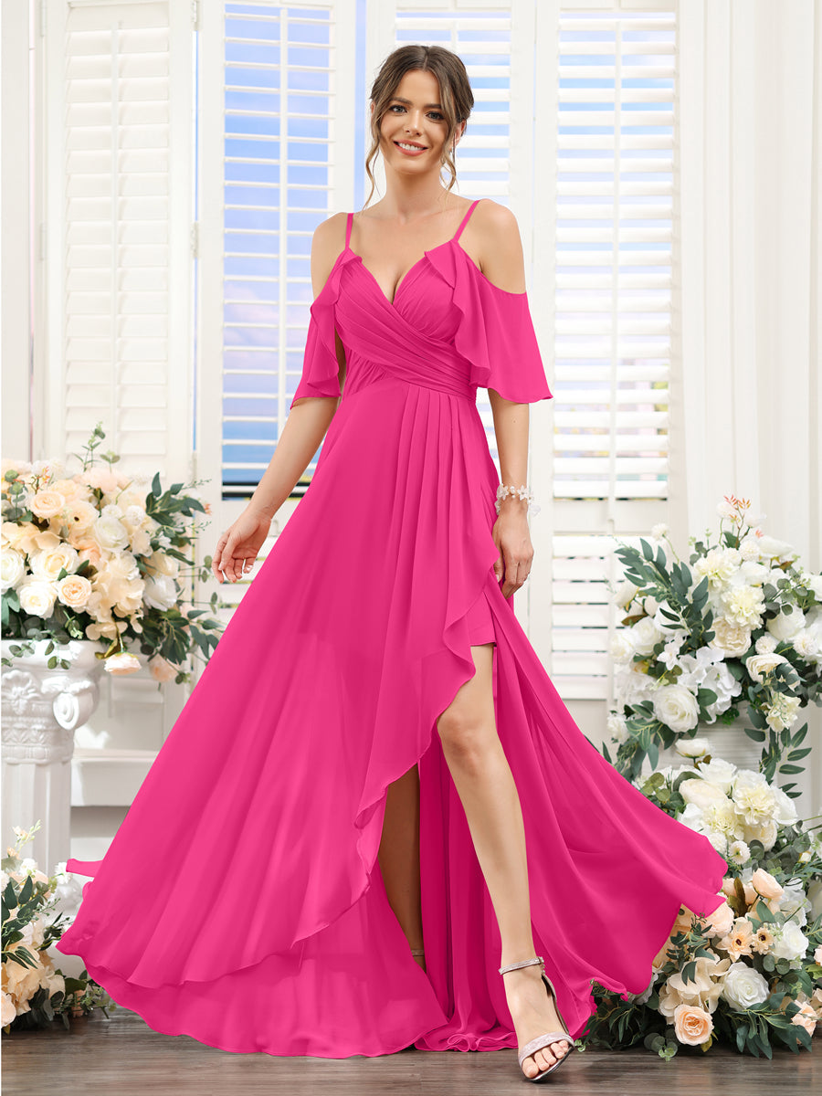 A-Line V-Neck Spaghetti Straps Short Sleeves Asymmetrical Chiffon Bridesmaid Dresses Hot Pink