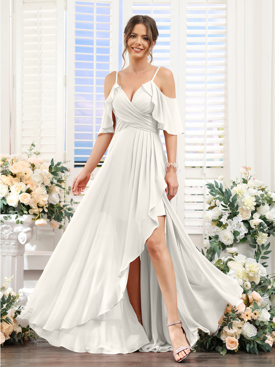 A-Line V-Neck Spaghetti Straps Short Sleeves Asymmetrical Chiffon Bridesmaid Dresses Ivory