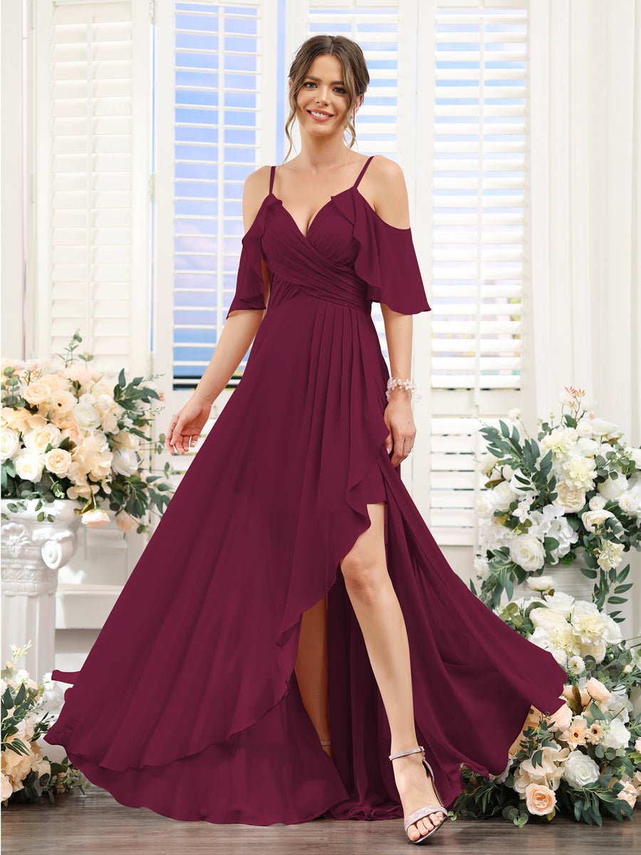A-Line V-Neck Spaghetti Straps Short Sleeves Asymmetrical Chiffon Bridesmaid Dresses Light Burgundy