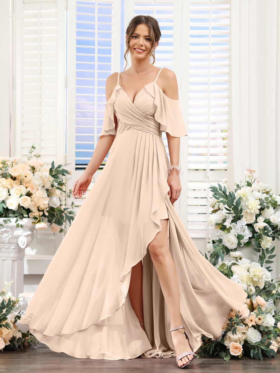 A-Line V-Neck Spaghetti Straps Short Sleeves Asymmetrical Chiffon Bridesmaid Dresses Light Champagne