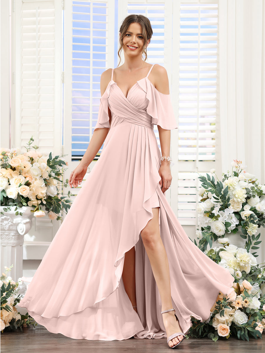 A-Line V-Neck Spaghetti Straps Short Sleeves Asymmetrical Chiffon Bridesmaid Dresses Light Pink