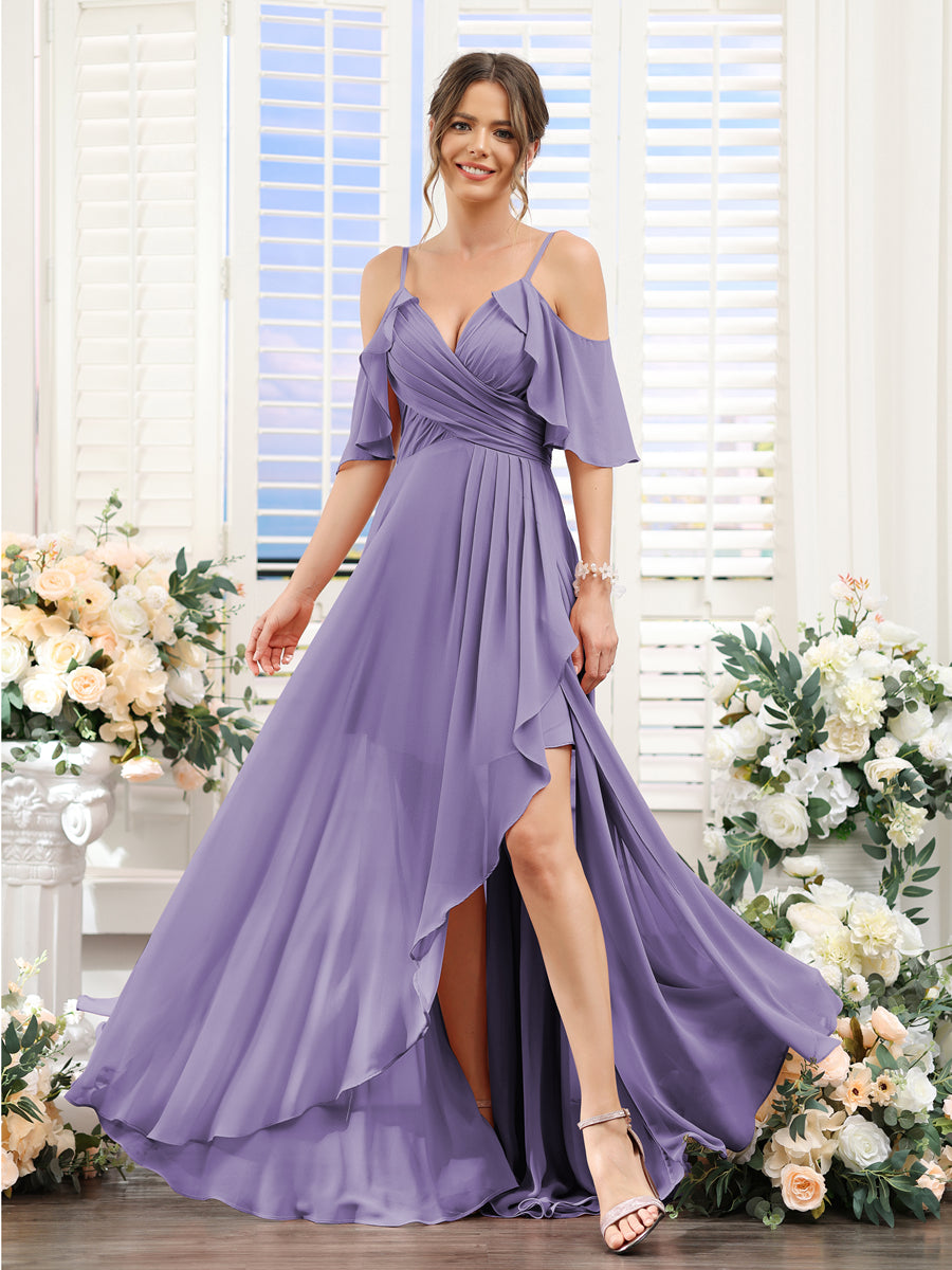 A-Line V-Neck Spaghetti Straps Short Sleeves Asymmetrical Chiffon Bridesmaid Dresses Light Purple